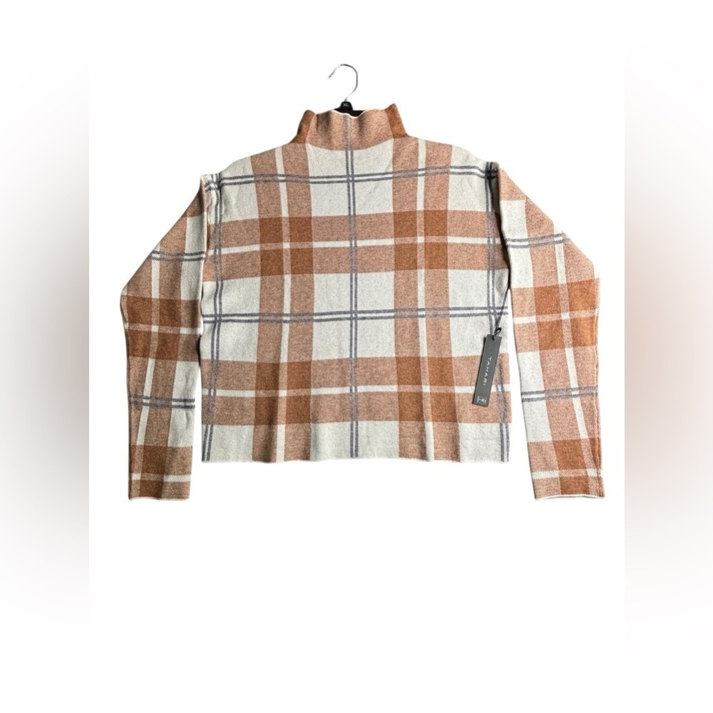 Tahari Plaid Knit Pullover Sweater Mock Neck Brown Beige Size S